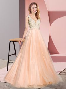 Peach V-neck Neckline Lace Prom Dress Sleeveless Zipper