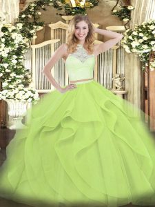 Yellow Green 15 Quinceanera Dress Military Ball and Sweet 16 and Quinceanera with Lace and Ruffles Scoop Sleeveless Zipp