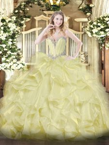 Affordable Yellow Lace Up 15th Birthday Dress Beading and Ruffles Sleeveless Floor Length