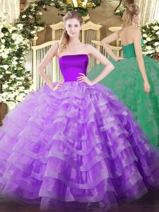 Tulle Strapless Sleeveless Zipper Ruffled Layers 15 Quinceanera Dress in Lilac