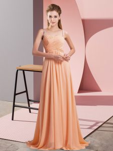 Chiffon Spaghetti Straps Sleeveless Sweep Train Criss Cross Ruching Prom Dress in Orange
