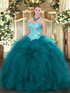 Teal Ball Gown Prom Dress Military Ball and Sweet 16 and Quinceanera with Appliques and Ruffles Sweetheart Sleeveless La