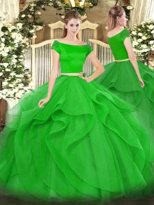 Fantastic Floor Length Green Ball Gown Prom Dress Off The Shoulder Short Sleeves Zipper