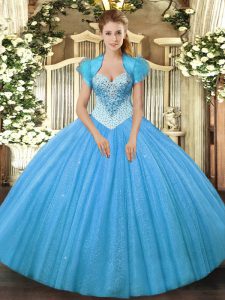 Captivating Floor Length Aqua Blue Ball Gown Prom Dress Tulle Sleeveless Beading