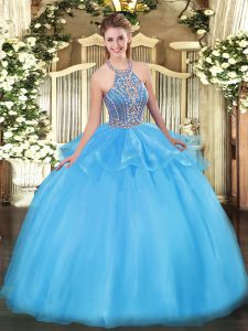 Top Selling Aqua Blue Sleeveless Beading and Ruffles Floor Length Quinceanera Gowns