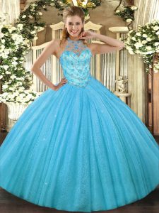 Discount Aqua Blue Ball Gowns Tulle Halter Top Sleeveless Beading and Embroidery Floor Length Lace Up Vestidos de Quince