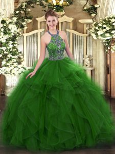 Artistic Green Halter Top Lace Up Beading and Ruffles Quince Ball Gowns Sleeveless