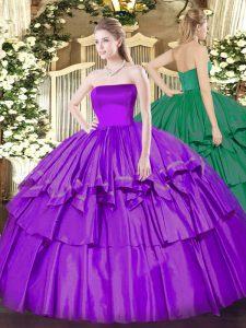 Modest Floor Length Eggplant Purple Quince Ball Gowns Organza and Taffeta Sleeveless Ruffled Layers