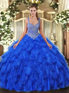 Fancy Straps Sleeveless Quinceanera Dresses Floor Length Beading and Ruffles Royal Blue Organza