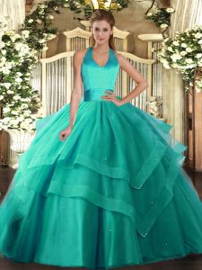 Turquoise Tulle Lace Up Halter Top Sleeveless Floor Length Sweet 16 Quinceanera Dress Ruffled Layers
