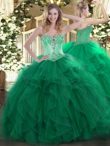 Charming Dark Green Ball Gowns Sweetheart Sleeveless Organza Floor Length Lace Up Beading and Ruffles Vestidos de Quince