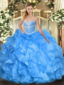 Perfect Baby Blue Ball Gowns Sweetheart Sleeveless Organza Floor Length Lace Up Beading and Ruffles Sweet 16 Quinceanera