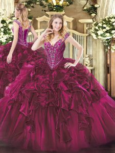 Adorable V-neck Sleeveless Organza Quinceanera Dresses Beading and Ruffles Lace Up