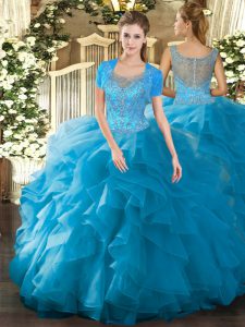 Teal Ball Gowns Tulle Scoop Sleeveless Beading and Ruffled Layers Floor Length Clasp Handle Ball Gown Prom Dress