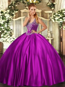 Sleeveless Floor Length Beading Lace Up 15 Quinceanera Dress with Fuchsia