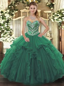 Romantic Green Ball Gowns Beading and Ruffles Vestidos de Quinceanera Lace Up Tulle Sleeveless Floor Length