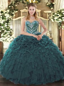 Romantic Tulle Sweetheart Sleeveless Lace Up Beading and Ruffled Layers Sweet 16 Quinceanera Dress in Teal