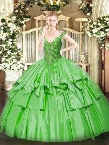 Ball Gowns Beading and Ruffled Layers Quinceanera Dress Lace Up Organza and Taffeta Sleeveless Floor Length