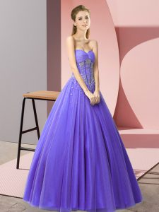 Sleeveless Floor Length Beading Lace Up Dress for Prom with Lavender
