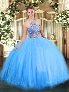 Custom Fit Blue Sleeveless Tulle Lace Up 15th Birthday Dress for Military Ball and Sweet 16 and Quinceanera