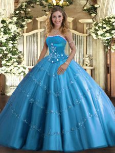 Inexpensive Strapless Sleeveless 15 Quinceanera Dress Floor Length Beading and Appliques Baby Blue Tulle