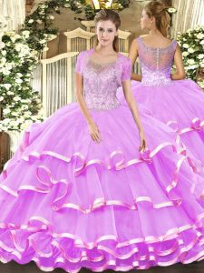 Colorful Sleeveless Clasp Handle Floor Length Beading and Ruffled Layers Ball Gown Prom Dress
