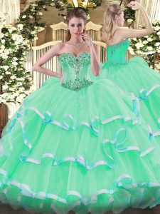 Sweetheart Sleeveless Quinceanera Gowns Floor Length Beading and Ruffles Apple Green Organza