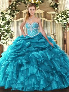 Teal Lace Up Sweetheart Beading and Ruffles and Pick Ups Quince Ball Gowns Organza Sleeveless