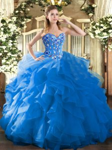 Suitable Blue Sweetheart Lace Up Embroidery and Ruffles Sweet 16 Quinceanera Dress Sleeveless