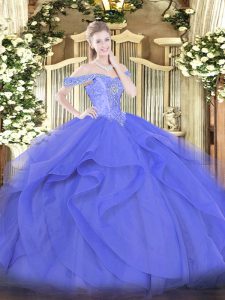 Fantastic Ball Gowns Ball Gown Prom Dress Blue Off The Shoulder Tulle Sleeveless Floor Length Lace Up