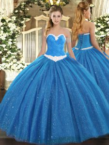 Sumptuous Blue Sleeveless Appliques Floor Length Ball Gown Prom Dress