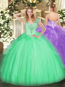Perfect Apple Green Ball Gowns V-neck Sleeveless Tulle Floor Length Lace Up Beading Quinceanera Gowns