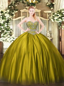 Pretty Olive Green Satin Lace Up Sweetheart Sleeveless Floor Length Sweet 16 Quinceanera Dress Beading