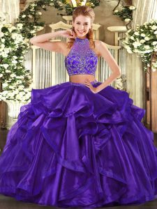 High Class Purple Sleeveless Organza Criss Cross Quinceanera Gown for Military Ball and Sweet 16 and Quinceanera