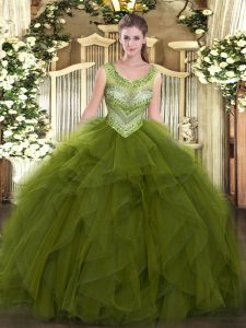 Sleeveless Tulle Floor Length Lace Up 15th Birthday Dress in Olive Green with Beading and Ruffles
