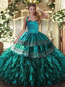 Fashion Turquoise Halter Top Lace Up Embroidery and Ruffles Vestidos de Quinceanera Sleeveless