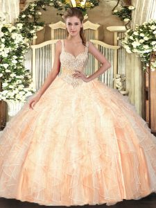 Peach Lace Up Straps Beading and Ruffles Quinceanera Gowns Tulle Sleeveless