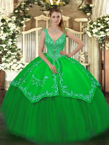 Smart Green Ball Gowns Taffeta and Tulle V-neck Sleeveless Beading and Embroidery Floor Length Zipper Sweet 16 Dresses