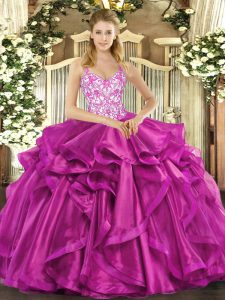 Cheap Fuchsia Sleeveless Beading and Appliques and Ruffles Floor Length Quinceanera Gown