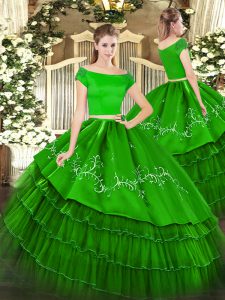 Off The Shoulder Short Sleeves Organza and Taffeta Sweet 16 Quinceanera Dress Embroidery and Ruffled Layers Zipper