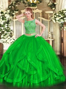 Scoop Sleeveless Quinceanera Dresses Floor Length Beading and Ruffles Green Organza