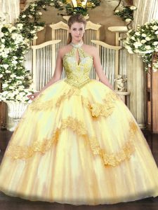 Flare Gold Ball Gowns Tulle Halter Top Sleeveless Appliques and Sequins Floor Length Lace Up 15th Birthday Dress