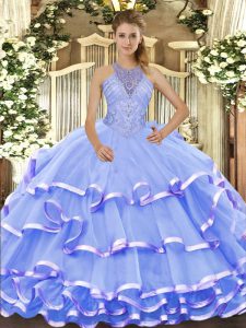 Sleeveless Floor Length Beading and Ruffled Layers Lace Up Sweet 16 Dress with Blue