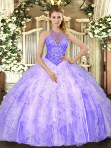 Organza High-neck Sleeveless Lace Up Beading and Ruffles Quince Ball Gowns in Lavender