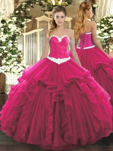 Fantastic Hot Pink Sleeveless Floor Length Appliques and Ruffles Lace Up Quinceanera Dresses
