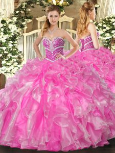 Sweetheart Sleeveless Lace Up Quinceanera Gown Rose Pink Organza