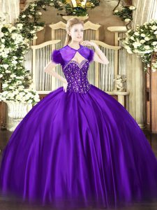 Decent Purple Sleeveless Satin Lace Up Sweet 16 Dresses for Military Ball and Sweet 16 and Quinceanera