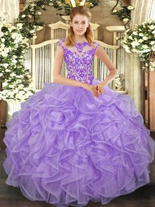 Free and Easy Lavender Organza Lace Up 15 Quinceanera Dress Cap Sleeves Floor Length Beading and Appliques and Ruffles