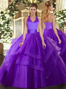 Lovely Purple Sleeveless Tulle Lace Up Sweet 16 Dress for Military Ball and Sweet 16 and Quinceanera