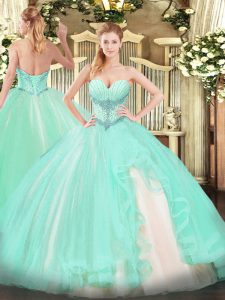 Dramatic Apple Green Ball Gowns Sweetheart Sleeveless Tulle Floor Length Lace Up Beading and Ruffles 15 Quinceanera Dres